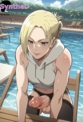 1futa ai_generated annie_leonhardt annie_leonhart artist_name artist_signature attack_on_titan balls bare_arms bare_shoulders black_shorts black_thighhighs blonde_hair blue_eyes breasts cropped_hoodie erection futa_sans_pussy futanari hi_res high_resolution highres hood hood_down hoodie intersex large_penis medium_breasts midriff navel outdoors patreon penis shingeki_no_kyojin short_shorts shorts sleeveless_hoodie smile solo synthed testicles thighhighs uncensored veins veiny_penis white_hoodie