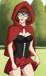 ai_generated ass bigmic145 breasts capelet cartoon_network cleavage corset cosplay female hood panties red_hair red_riding_hood red_riding_hood_(cosplay) scooby-doo scooby-doo!_mystery_incorporated skirt tease teasing velma_dinkley velma_dinkley_(mystery_incorporated)