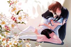 brown_hair closed_eyes female kissing long_hair multiple_girls onjouji_toki red_string saki saki_achiga-hen school_uniform serafuku shimizudani_ryuuka short_hair sitting string yuri