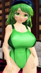 1girls 2025 3d beret big_breasts blush breasts clavicle female female_only green_eyes_female green_hair_female hat hati_yukkuri_mmd headwear hips interior_background jpeg library light-skinned_female looking_at_viewer mmd open_mouth short_hair_female sofa solo_female swimsuit takane_yamashiro touhou waist yamawaro