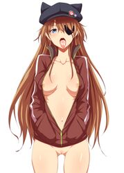 animal_hat areola_slip asuka_langley_sohryu badge blue_eyes blush bottomless breasts brown_hair cat_hat clearite clothes clothing collarbone drooling erect_nipples erect_nipples_under_clothes eye_patch female female_only hair hands_in_pockets hat human long_hair looking_at_viewer medium_breasts naked_track_jacket navel neon_genesis_evangelion open_clothes open_mouth pubic_hair pussy rebuild_of_evangelion saliva simple_background solo standing thigh_gap tongue tongue_out track_jacket uncensored white_background