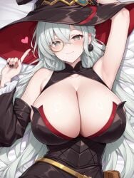 1girls :) ai_generated armpits arms_up beautiful blush closed_mouth cute diabellstar_the_black_witch diabellstar_the_black_witch_(alt) duel_monster earrings female hat heart heart_symbol high-angle_view huge_breasts konami light_skin magical_girl magician_hat necklace one_arm_up painted_nails silver_hair smile solo squirtle0007 voluptuous younger_female yu-gi-oh! yu-gi-oh!_master_duel