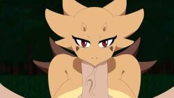 animated anthro anthro_on_human areolae big_breasts big_penis bouncing_breasts deepthroat fanart fellatio forest forest_background furry hornet_(lagartimations) huge_cock human lagartimations lizard lizard_girl lizard_humanoid looking_at_viewer nipples orange_skin penis red_eyes tomiaf