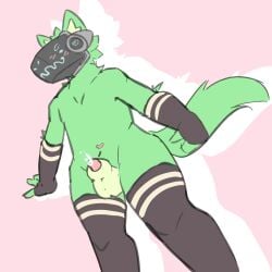 absurd_res anthro arm_warmers armwear blush bodily_fluids bread_stix clothing genital_fluids hi_res legwear machine male male_focus male_only precum protogen solo thigh_highs