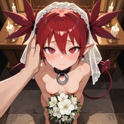 1boy 1girls ai_generated breasts completely_nude demon demon_girl disgaea disgaea_1 etna female flower_bouquet flowers just_married light-skinned_female light_skin male male_pov naked nipples nippon_ichi_software nude nude_female red_hair shy skull_earrings tail wedding_ring wedding_veil wings yodayo