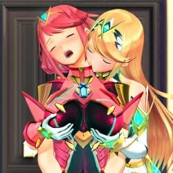 2026 2girls 3d ai_generated armored_female background blonde_hair blush civitai closed_eyes clothed d3rmal enjoying female female_only front_view gloves grabbing_another's_breast grabbing_breasts grabbing_from_behind head_tilt jewelry kissing kissing_neck long_hair medium_breasts moaning mythra_(xenoblade) open_mouth pyra_(xenoblade) red_hair short_hair tagme teeth tiara worried xenoblade_(series) xenoblade_chronicles_2