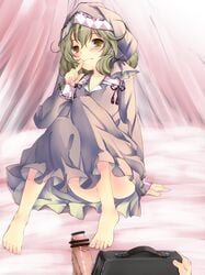 barefoot blush censored curtains feet finger_to_mouth green_hair hasshin_aki_ichi highres looking_at_viewer nightcap pajamas penis sasami-san@ganbaranai sitting smile solo toes tsukuyomi_sasami yagami_shuuichi yellow_eyes