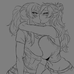 2girls annoyed_expression big_breasts class_of_'09 cs3kv2 female female_only happy_expression huge_breasts jecka_(class_of_'09) kissing large_breasts lesbian lesbian_kiss medium_breasts monochrome multiple_girls nicole_(class_of_'09) pencil_(artwork) pencil_sketch preppy preppy_female shorter_female sketch taller_female wide_hips yuri
