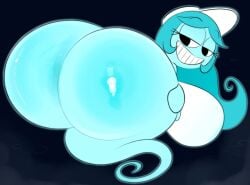ass big_breasts big_butt big_penis black_eyebrows black_eyes blue_body blue_hair blue_skin blushcrunch_studio bottomless breasts clothed clothing connie_(dandy's_world) dandy's_world eyebrows eyelashes female floating genitals ghost ghost_tail grin hair hat headgear headwear hi_res huge_butt huge_cock hyper_ass long_hair narrowed_eyes ota_(artist) penis rear_view roblox shirt smile solo spirit topwear white_clothing white_hat white_headwear