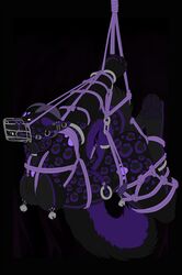 2012 accelo anthro bell black_background bondage bound breasts canine fangs female fur furry herm horn intersex kyr mammal muzzle_(object) muzzled nipples nude penis piercing plain_background purple_eyes purple_fur ring rope solo suspension