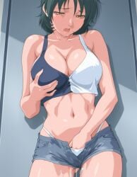1girls against_wall ai_generated aroused bible_black bible_black_only big_breasts black_hair blush breasts canonical_scene casual_clothes cleavage clothed crop_top dark_hair denim denim_shorts desperation dripping dripping_pussy erect_nipples erect_nipples_under_clothes faithful_to_the_anime female female_only fingering fingering_self genital_fluids hand_in_panties highleg highleg_panties horny horny_female in_heat large_breasts lazycpt loose_clothes masturbation midriff minase_yukiko navel nipple_bulge nipple_pinch nipple_tweak no_bra panties playing_with_nipple pussy pussy_juice pussy_juice_drip revealing_clothes short_hair shorts skimpy skimpy_clothes solo standing_masturbation tank_top thighs unbuttoned_shorts unzipped_shorts yellow_eyes young_adult young_adult_female
