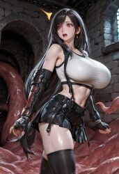 ai_generated alarmed big_breasts black_hair black_legwear breast_jiggle breasts clothed compression_sleeve croptop dungeon final_fantasy final_fantasy_vii final_fantasy_vii_remake flesh gloves huge_breasts impending_doom interspecies jiggle jiggling_breasts large_breasts long_hair low_ponytail midriff midriff_baring_shirt miniskirt monster monster_on_female open_mouth pleated_skirt red_eyes scared shenyenobianjichang shocked skirt straining_clothing suspenders sweat tactical_gear tentacle thick_thighs thighhighs tifa_lockhart tight_clothing trapped wide_eyed worried