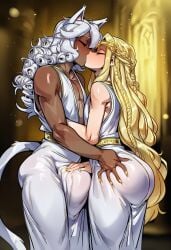 2boys abs ai_generated bare_shoulders blonde_hair blush cairo_(farggothdur) cat_ears cat_tail catboy dark-skinned_male dark_skin elden_ring farggothdur femboy femboy_on_femboy fit_body fromsoftware gay gay_kissing interracial kissing light-skinned_male light_skin long_hair looking_at_another male male_focus male_only miquella purple_eyes smug smug_face white_hair