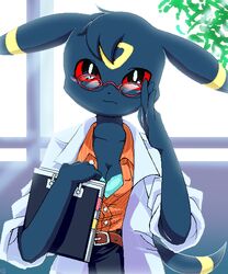 1girls anthro black_skin blush bra cleavage clipboard clothes doctor ear_markings eeveelution female fur furry furry_ears furry_tail g-sun glasses long_ear looking_at_viewer nintendo open_clothes open_shirt pixel_art pixelated pokémon_(species) pokemon pokemorph red_eyes shirt solo standing tail umbreon