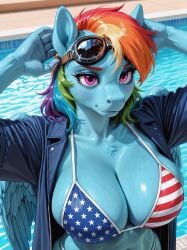 1female 1girls ai_generated american_flag_bikini bikini blue_skin female female_focus female_only multicolored_hair my_little_pony outdoors pink_eyes pool rainbow_dash_(mlp) solo solo_female tagme wings