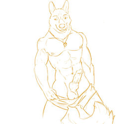 1boy 2012 abs anatomically_correct anthro balls canine canine_penis clothes erection fur furry german_shepherd half-dressed kanic knot knot_in_sheath linkin_monroe male male_only necklace pecs penis pose presenting sheath shorts sketch smile solo standing topless