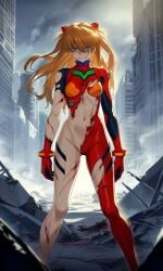 ai_generated asuka_langley_sohryu battle_damage bleeding blood cuts legs navel neon_genesis_evangelion neopn_genesis_evangelion plugsuit plugsuit_(evangelion) scratches torn_clothes wounded