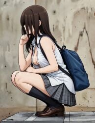 1girls backpack button_down_shirt covering_face female_only large_breasts light-skinned_female open_clothes school_uniform squatting