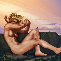 1girls abs arm_tattoo artigor artist_name artist_signature blonde_hair blue_eyes braid braided_hair breasts butterfly color completely_nude highres jojo's_bizarre_adventure jolyne_kujo lighting muscular muscular_female nipples outdoors sideass sitting solo tattoo tied_hair watermark