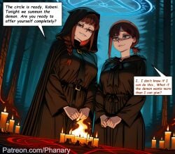 1girls 2girls ai_generated anime anime_coloring anime_style black_robe braid brown_eyes brown_hair bubble_ass bubble_butt candle cel_shading chainsaw_man comic comic_cover comic_dub comic_page comic_panel comic_strip dialogue digital_art english english_dialogue english_language english_text evil evil_eyes evil_face fanart female fire forest forest_background game_character hair hair_ornament hi_res higashiyama_kobeni high_quality high_resolution highres huge_ass huge_breasts kobeni_higashiyama makima_(chainsaw_man) manga_style medium_shot patreon patreon_username pentagram phanary portrait red_eyes red_hair ritual ritual_circle robe satanic scared scared_expression short_hair soft_shading sound_effects video_game_character
