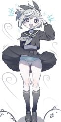 1girls black_eyes black_sailor_collar black_serafuku black_shoes black_skirt black_socks blue_panties blush cat_(nyanko_daisensou) clothed clothed_female ebora female female_focus female_only full_body grey_hair hair_ribbon hips kneehighs long_sleeves looking_at_viewer medium_hair midriff navel neckerchief nyanko_daisensou open_mouth panties pantyshot ponytail ribbon sailor_collar sailor_uniform salute school_girl school_uniform schoolgirl schoolgirl_uniform serafuku simple_background skindentation skirt skirt_lift smile socks standing star-shaped_pupils striped_panties teenage_female teenage_girl teenager the_battle_cats thick_thighs thigh_gap thighs underwear upskirt white-skinned_female white_background white_skin wide_hips wind wind_lift windy_skirt