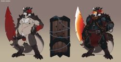 2022 accessory anthro bag balls beard belly black_body black_penis body_hair chain chest_hair chest_scar clothed clothed_anthro clothed_male clothing erection facial_hair fire foreskin fully_clothed fully_clothed_anthro fully_clothed_male furgonomics genitals grey_background grey_body hair hi_res horn humanoid_genitalia humanoid_penis male male_anthro musclegut muscular muscular_anthro muscular_male nude nude_anthro nude_male overweight overweight_anthro overweight_male penis red_body red_sclera scar simple_background sinibun_95 solo standing tail tail_accessory tail_bag tusks unknown_species vein veiny_penis white_eyes white_hair