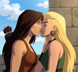 2girls ai_generated amora_(tales_of_asgard) archer arm_at_side armband arrow_(projectile) bangs bare_arms bare_shoulders black_armband black_choker black_eyes black_hair blonde_female blonde_hair breasts brown_headband brown_tank_top castle choker closed_eyes closed_mouth cloud couple day duo earrings enchantress_(amora) expressionless female/female female_only green_tank_top half-closed_eyes headband hoop_earrings jayhardly8706 jewelry kissing lips lipstick long_hair looking_at_another love makeup marvel marvel_animated_features medium_breasts multiple_females multiple_girls mutual_yuri neck necklace outdoors parted_bangs pink_lipstick quiver romantic romantic_couple sif_(tales_of_asgard) sky straight_hair tales_of_asgard tank_top thor:_tales_of_asgard thor_tales_of_asgard upper_body yuri