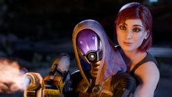 2girls 3d 3d_(artwork) alien alien_girl alien_humanoid bioware bodysuit cleavage cleavage_cutout clothing_cutout commander_shepard english_text female female_focus female_only femshep holding_object holding_weapon jane_shepard latex latex_bodysuit latex_clothing latex_skinsuit mass_effect offmodelstudio red_hair skinsuit sports_bra tali'zorah_nar_rayya weapon