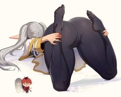 1boy 2girls ass blush cameltoe chibi elf elf_ears elf_female feet female fern_(sousou_no_frieren) frieren frieren_beyond_journey's_end grabbing_ankles grabbing_own_ankles hi_res jamesloves_art long_hair lying male meme pantyhose rear_view red_hair silver_hair sousou_no_frieren stark_(sousou_no_frieren) thick_ass thick_thighs top-down_bottom-up twintails white_background yoga_pose_meme_2026