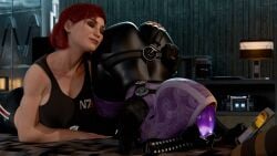 2girls 3d 3d_(artwork) alien alien_girl alien_humanoid ass_grab bioware black_leggings bodysuit cleavage cleavage_cutout clothing_cutout commander_shepard english_text female female_focus female_only femshep jane_shepard latex latex_bodysuit latex_clothing latex_skinsuit leggings mass_effect offmodelstudio on_stomach prone red_hair skinsuit sports_bra tali'zorah_nar_rayya