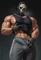 1boy abs ai ai_generated arm_hair armpit_hair bara biceps big_bulge bulge call_of_duty covered_nipples erection erection_under_clothes erection_under_clothing ghost_(modern_warfare_2) gloves happy_trail male mask masked_male midriff_peek muscular muscular_male nipples pecs penis_outline shirt_lift sidepec simon_riley solo sweat sweatpants tank_top veins visible_breath yaoi