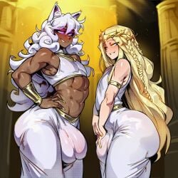 2boys abs ai_generated bare_shoulders big_bulge blonde_hair blush bulge cairo_(farggothdur) cat_ears cat_tail catboy dark-skinned_male dark_skin elden_ring farggothdur femboy femboy_on_femboy fit_body fromsoftware interracial light-skinned_male light_skin long_hair looking_at_another male male_focus male_only miquella purple_eyes smug smug_face white_hair
