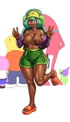 dolly_dimpley smiling_friends sam_valentine winking_at_viewer dark-skinned_female thick_thighs short_shorts looking_at_viewer peace_sign voluptuous flashing flashing_breasts big_areola dark_nipples