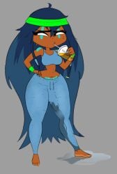 bodily_fluids bulge capy_diem clothed clothing detailed_bulge duplicate feet flaccid genital_fluids genital_outline genitals gynomorph hi_res holly_luya_(rayman) humanoid intersex looking_away navel nervous no_underwear nymph peeing peeing_self penis penis_outline rayman_(series) solo sweat toes ubisoft urine wetting