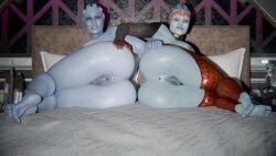 2girls 3d 3d_(artwork) alien alien_girl alien_humanoid asari bed bed_sheet bedroom bioware daughter female female_focus female_only incest indoor_nudity indoors liara_t'soni mass_effect mother mother_and_daughter offmodelstudio samara tentacle_hair