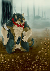 1boy anthro balls canine canine_penis ear_piercing erection forest fur furry licantrox male male_only muscles penis piercing solo tree wolf