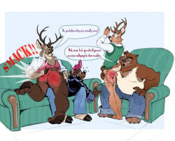 2026 age_difference alternative_fashion anthro anthro_on_anthro antlers barefoot bear bent_over big_butt bodily_fluids border bottomless bottomless_male bottomwear bubble_butt butt butt_slap butt_squish child_swap claws clothed clothing collared_shirt deer denim denim_bottomwear denim_clothing dialogue dress_shirt ear_piercing ear_ring emanata english_text eyebrow_piercing eyebrow_ring eyebrows eyewear facial_piercing father_(lore) father_and_child_(lore) father_and_son_(lore) feet flying_sweatdrops fufer fur furniture gay gay_male glasses grey_background group hair hand_on_butt hi_res hooved_plantigrade hooved_toes hooves horn incest_(lore) jacket jeans leather leather_clothing leather_jacket leather_topwear long_sleeves lying male male/male mammal mature_anthro mature_male motion_blur narrowed_eyes nerd nose_piercing nose_ring on_front on_lap on_sofa onomatopoeia open_mouth over_knee pants parent_(lore) parent_and_child_(lore) parent_and_son_(lore) piercing plantigrade punk relative_swap ring_(jewelry) ring_piercing shirt simple_background sitting slap sofa son_(lore) son_swap sound_effects spank_marks spanked_butt spanking spiked_clothing spiked_jacket spikes squish standing sweat sweatdrop tank_top tears text thick_thighs topwear tuft vest white_border yaoi