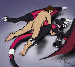 2018 anthro balls breasts collar cynder dekaisen dragon duo female human human_on_anthro interspecies lying male male_human/female_anthro male_penetrating mammal missionary_position nude on_back penetration penis pussy scalie sex spread_legs spreading spyro_the_dragon straight sweat vaginal_penetration video_games wings