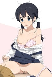 1boy black_hair blue_eyes bra bra_pull breasts brown_hair censored cowgirl_position female food hair_ornament holding_hands kitashirakawa_tamako low_twintails messy_hair mochi mole nipples off_shoulder ooji_mochizou open_clothes open_mouth open_shirt panties panties_around_leg panties_around_one_leg pink_bra polka_dot polka_dot_bra sex shirokuma-kun short_hair tamako_market underwear wagashi