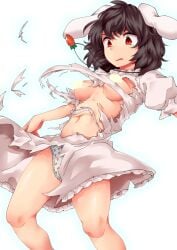 black_hair breasts carrot_necklace carrot_print_underwear censored_nipples exploding_clothes inaba_tewi midriff navel no_bra panties rabbit_ears rabbit_girl tewi_inaba torn_clothes torn_clothing torn_dress touhou