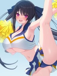 :d absurdres alternate_breast_size_(larger) alternate_costume alternate_hairstyle ao_no_kanata_no_four_rhythm armpits black_hair blue_panties blue_ribbon blue_sailor_collar blue_skirt blush breasts cameltoe cheerleader cleavage commentary cowboy_shot female gluteal_fold hair_between_eyes hair_ornament hair_ribbon hand_up highres holding holding_pom_poms huge_breasts kneepits leg_up long_hair looking_at_viewer miniskirt navel open_mouth outstretched_arm panties pleated_skirt pom_pom_(cheerleading) pom_poms pororo_(r_pororo) purple_eyes ribbon sailor_collar sidelocks skirt smile solo split sports_bra standing standing_on_one_leg standing_split stomach sweat teeth thighs tobisawa_misaki twintails underboob underwear upper_teeth_only very_long_hair white_sports_bra x_hair_ornament