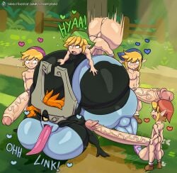 1girls 4boys big_ass big_balls big_breasts big_penis black_body blonde_hair blue_body forest forest_background four_swords gigantic_ass gigantic_balls gigantic_breasts gigantic_penis huge_ass huge_balls huge_breasts huge_cock hyper hyper_ass hyper_balls hyper_breasts hyper_penis imp imp_midna link midna nintendo orange_hair outdoors perching_position quartet size_difference tasteofchoklit the_legend_of_zelda yellow_hair