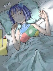 1futa blue_hair breasts closed_eyes erect_nipples futanari glasses intersex lying lying_on_back morning_wood sleeping sleeveless tagme windows_2000