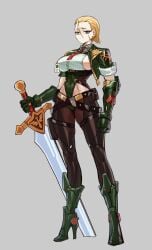 abs armored_boots belt blonde_hair boots breasts brown_pants button_gap collar collared_shirt commentary english_commentary female fit fit_female full_body gauntlets genderswap(mtf) green_eyes green_jacket grey_background hair_pulled_back high_heels highleg highleg_leotard highres holding holding_sword holding_weapon id_card jacket large_breasts leotard lion_el'jonson lion_el’jonson looking_at_viewer multiple_belts navel necktie open_clothes open_jacket planted planted_sword podobrick primarch rolled_up_sleeves rule_63 scar scar_on_cheek scar_on_face sideboob skindentation solo standing sword warhammer_40k weapon white_shirt zipper