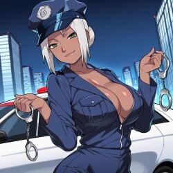 1girls ai_generated big_breasts breasts cap cleavage collared_shirt dark-skinned_female dark_skin earrings female green_eyes hair_bun hairbun handcuffs high_collar holding_object indoors long_hair looking_at_viewer mabui male male/female mature mature_female milf narugirlshot naruto naruto_(series) naruto_shippuden naughty naughty_face naughty_smile night no_bra older_female open_shirt outdoors police police_car police_hat police_officer police_uniform policewoman presenting revealing_clothes shirt silver_hair skimpy skimpy_clothes street tied_hair uncensored unprofessional_behavior voluptuous white_hair wide_hips