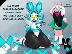 2_horns alternate_species android anthro big_breasts blue_hair blush blush_stickers bovid breasts buckteeth caprine clothing darkner deltarune deltarune_chapter_2 dialogue doodle duo empty_eyes english_text female female_focus floating_hands footwear friend_(deltarune) fur glasses goat group hair hi_res kneeling lagomorph leporid machine male mammal meeart117 rabbit ralsei robot robot_anthro robot_girl scut_tail shoes short_tail solo_focus standing tail tasque_manager_(deltarune) teeth text thick_thighs two_soyjaks_pointing undertale_(series) white_body white_fur wide_hips yellow_eyes