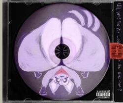 absurd_res anthro anus big_butt butt butt_focus cd_case cover digital_media_(artwork) english_text hi_res huge_butt indigo_park looking_at_viewer male mammal mascot_horror nude presenting procyonid raccoon rambley_raccoon rear_view simple_background solo sticker tail text thick_thighs yo_zee