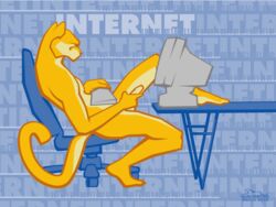 1boy anthro blue_panther computer erection feline fur furry male male_only penis solo