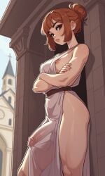 1futa ai_generated ancient_greece auburn_hair bronze_skin_color brown_eyes brown_hair covered_nipples covered_penis crossed_arms erect_penis erection eye_contact from_side hair_bun hands_crossed intersex looking_at_viewer looking_to_the_side makeup medium_hair narrow_waist nipple_slip nipples nude outdoors penis_bulge penis_under_clothes see-through see-through_clothes see-through_clothing sideboob slut standing tall thick_neck thin thin_waist