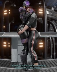 2girls 3d 3d_(artwork) alien alien_girl alien_humanoid ass_grab bioware black_leggings bodysuit commander_shepard english_text female female_focus female_only femshep jane_shepard latex latex_bodysuit latex_clothing latex_skinsuit leggings mass_effect offmodelstudio size_difference skinsuit tali'zorah_nar_rayya